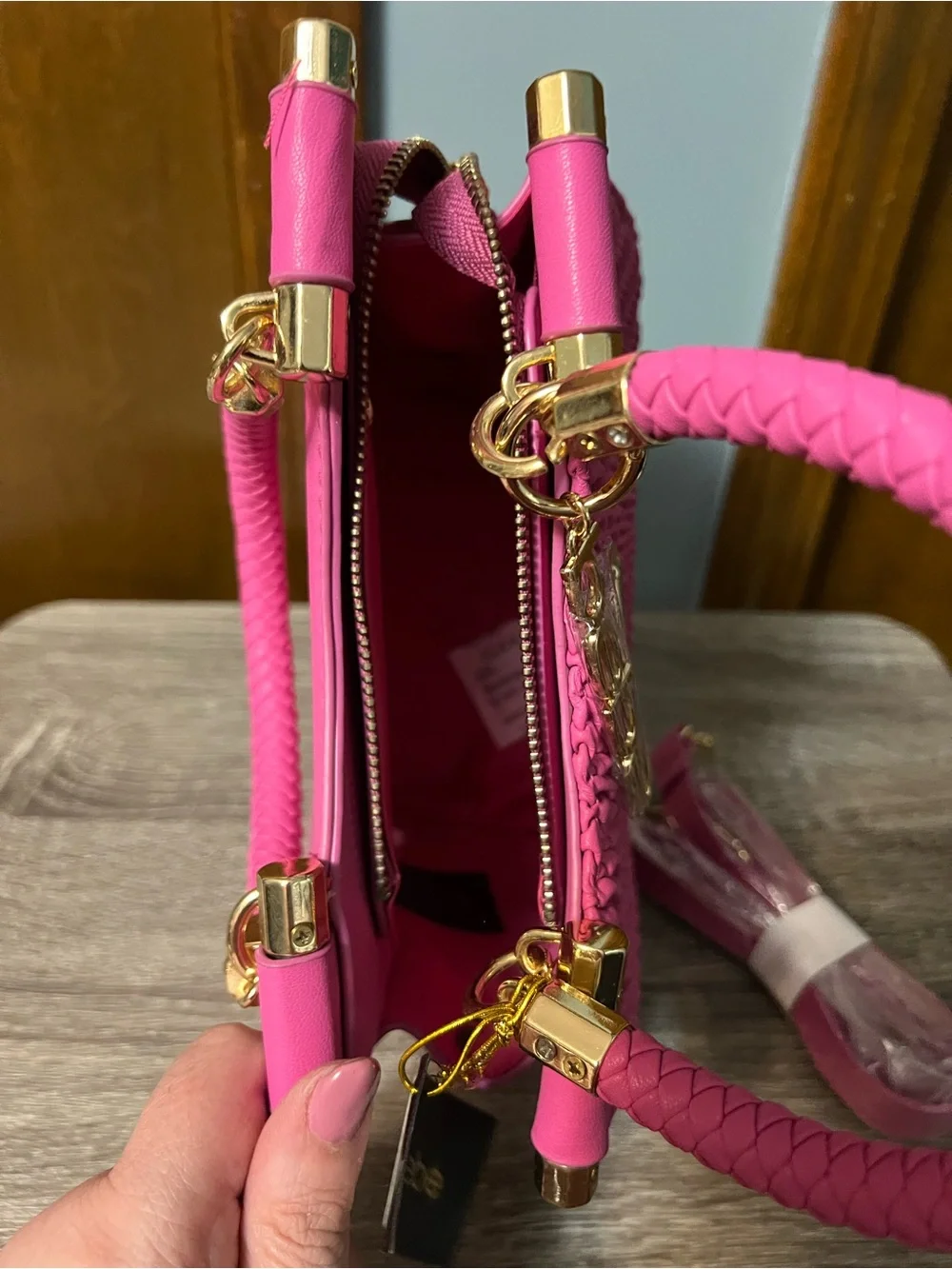 Bebe Pink Braided Top-Handle Tote and Shoulder Bag NWT